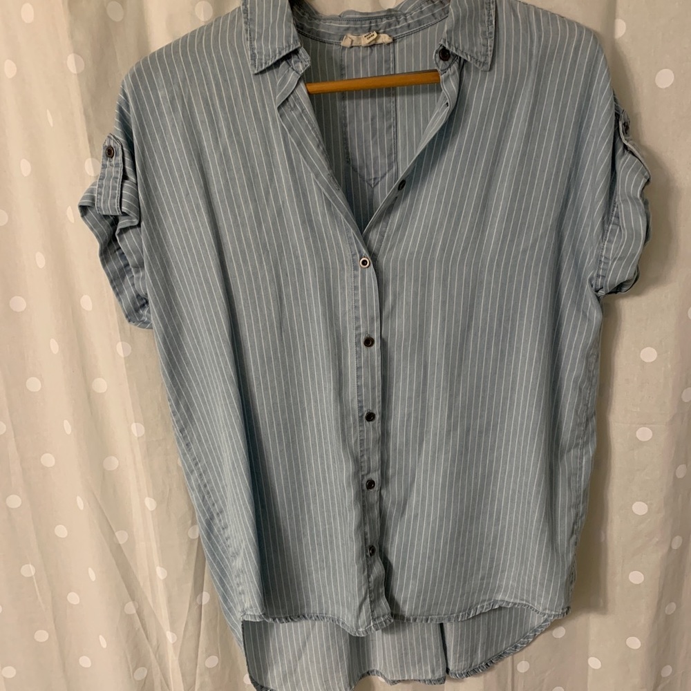 Button down distressed denim shirt